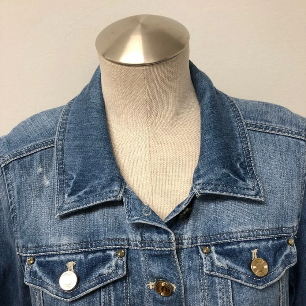 White House Black Market Denim Jacket Womens 10 Blue Distressed Gold Buttons